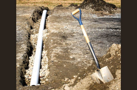 french drain, shovel, digging, pipe